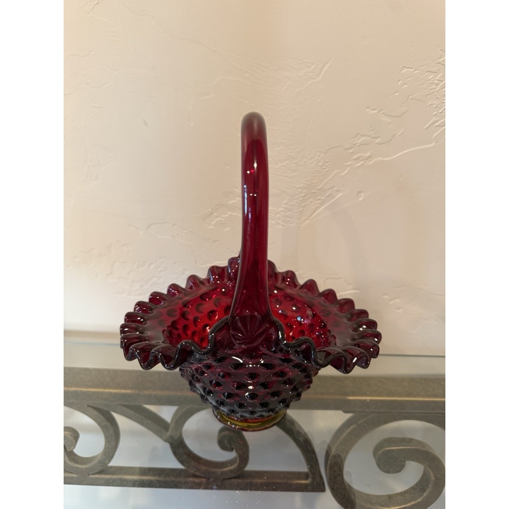 Fenton Ruby Red Amberina Hobnail Glass Basket Ruffled Vintage 7" Candy Dish‎